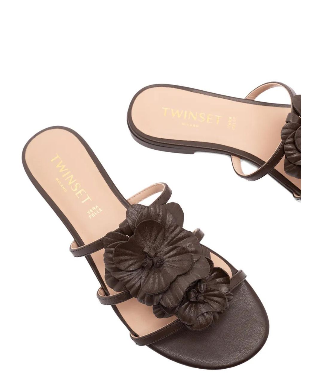 Twinset Brown Flat Leather Sandals With Flower