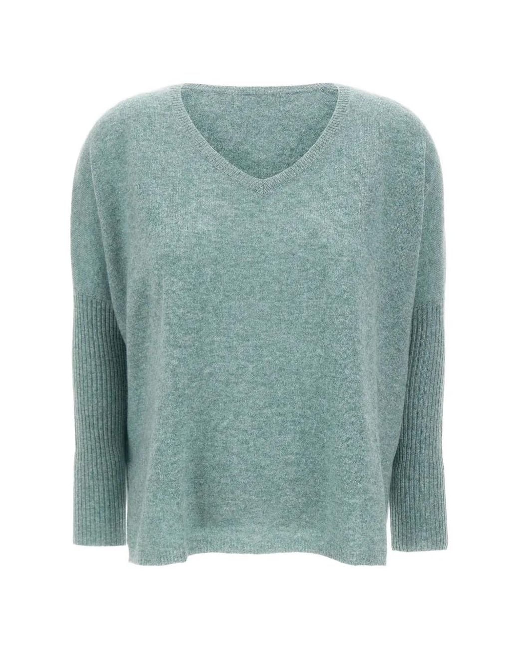 Not Shy Green Faustine Ribbed-Sleeve V-Neck Sweater