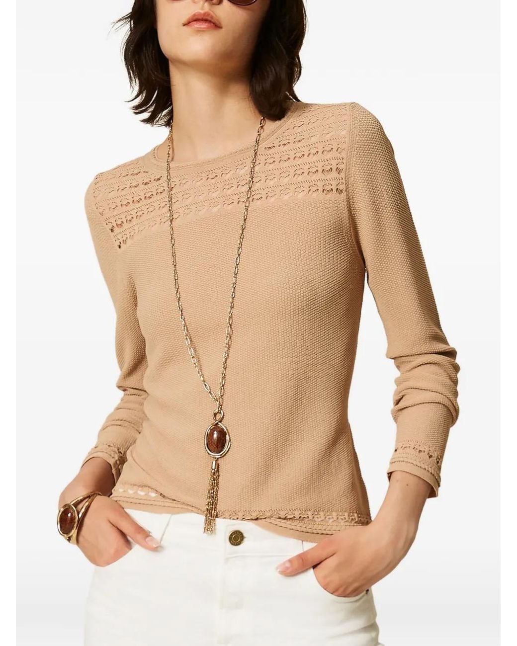 Twinset Natural Crew-Neck Jumper With Cable Pattern