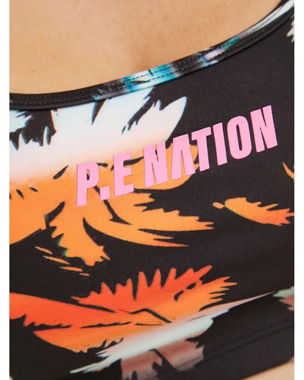 P.E Nation Black Oasis Palm-Print Cutout-Back Sports Bra