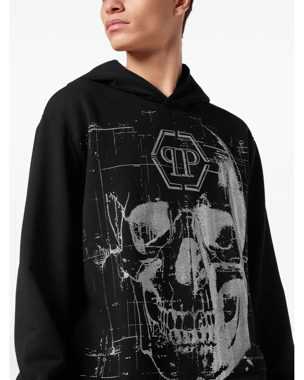 Philipp Plein Black Fleece Hoodie Sweatshirt Glass Skull for men