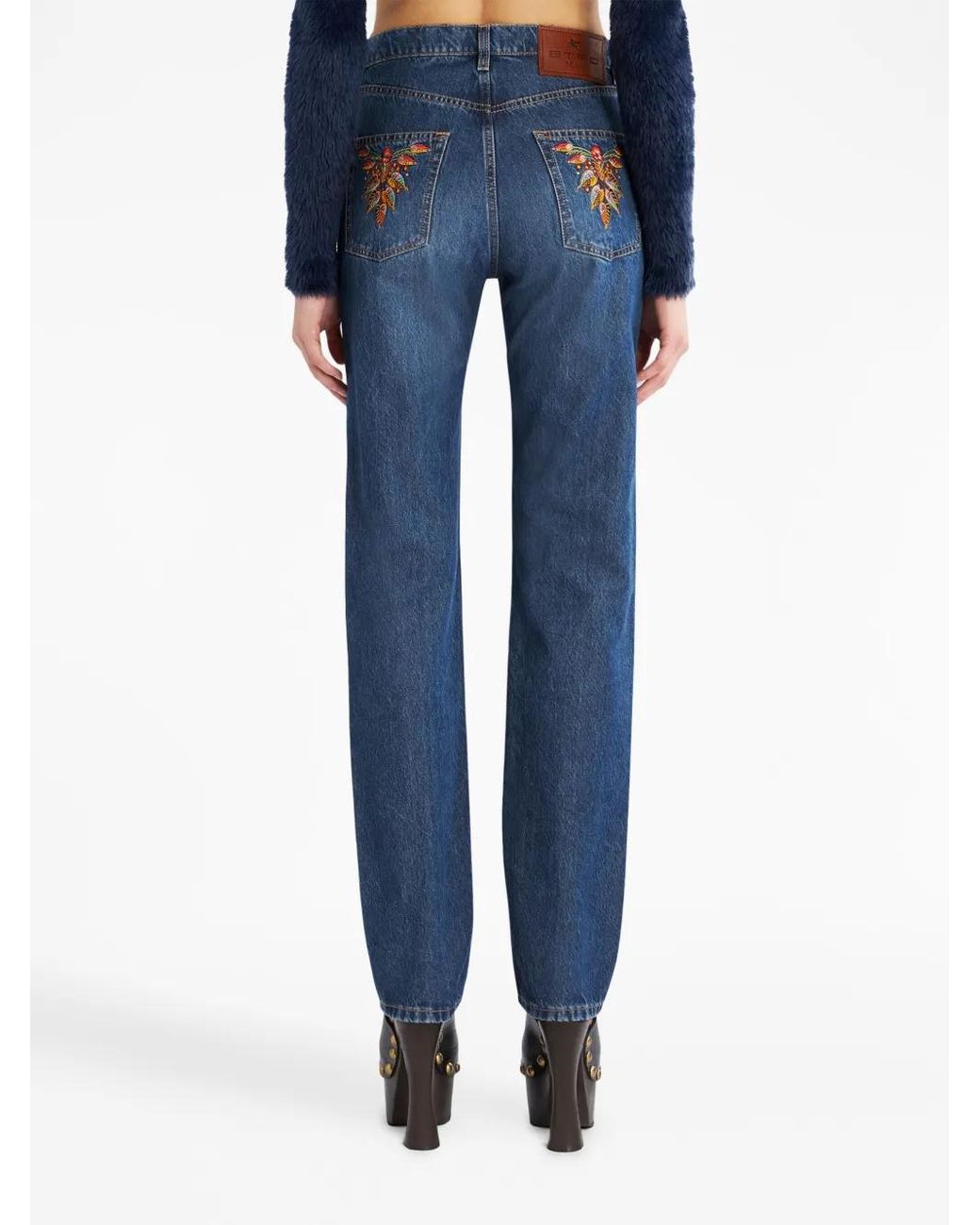 Etro Blue Floral-Embroidered High-Waist Jeans