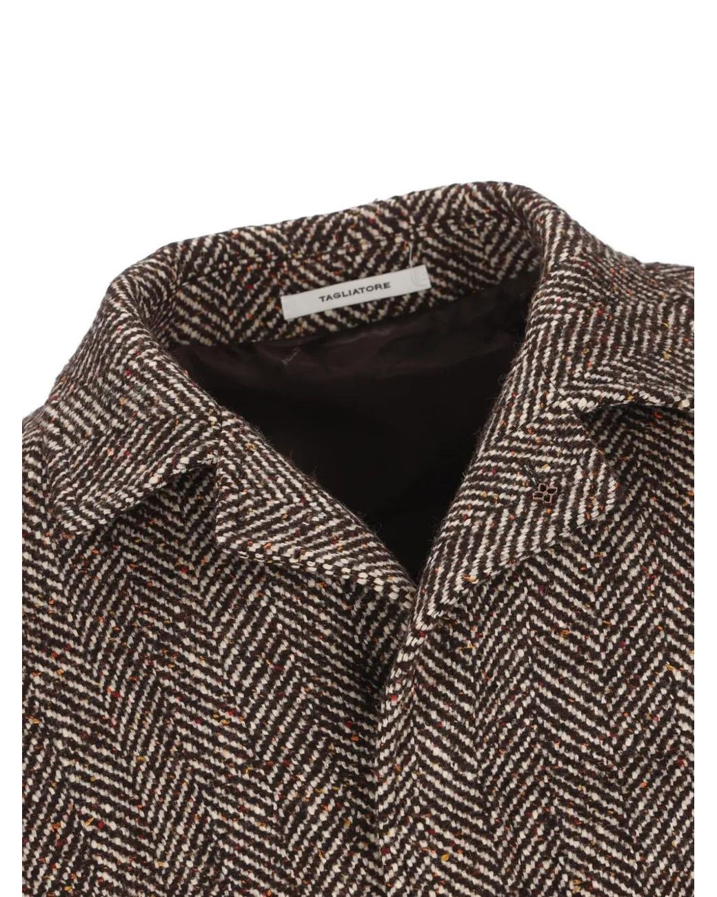 Tagliatore Brown Herringbone-Pattern Belted Coat for men