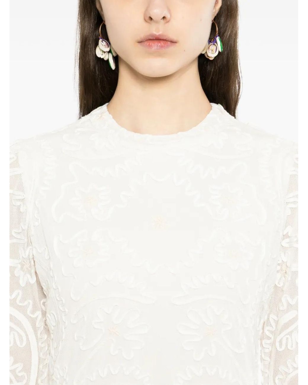 Farm Rio White Embroidered Crew Neck Long Sleeve Maxi Dress