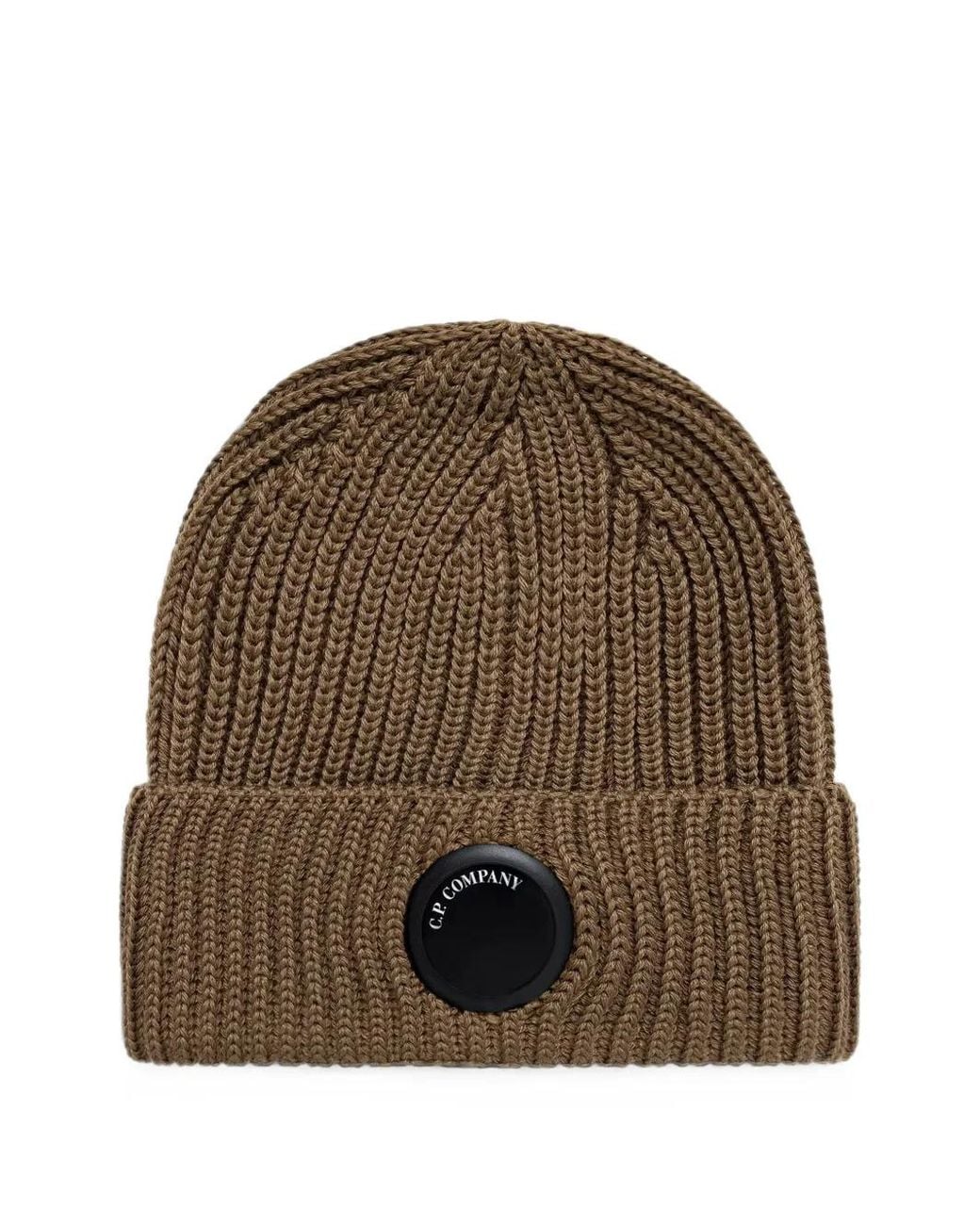 C P Company Brown Extrafine Merino Wool Lens Beanie Hat