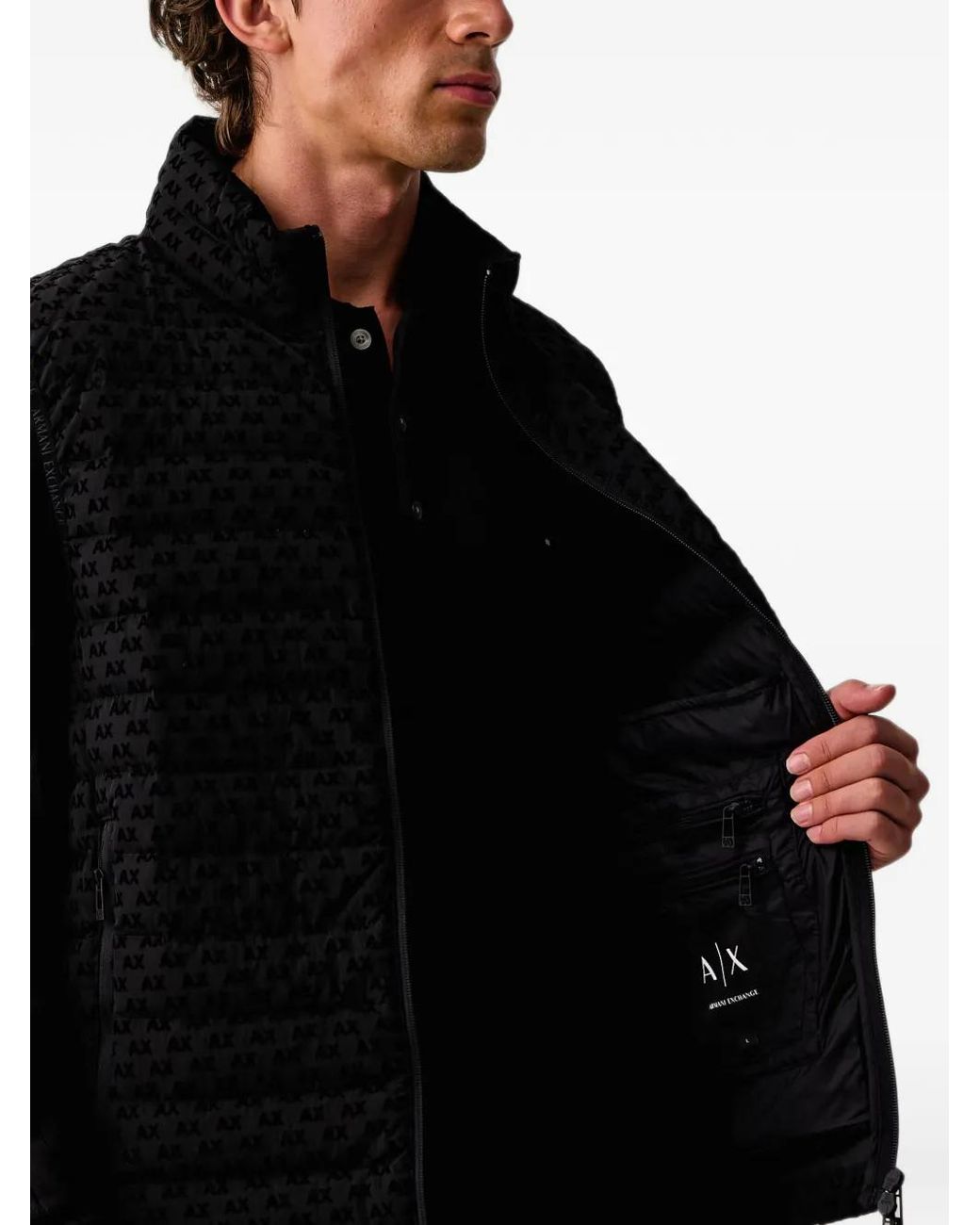 ARMANI EXCHANGE Black All-Over Logo-Print Quilted Gilet for men