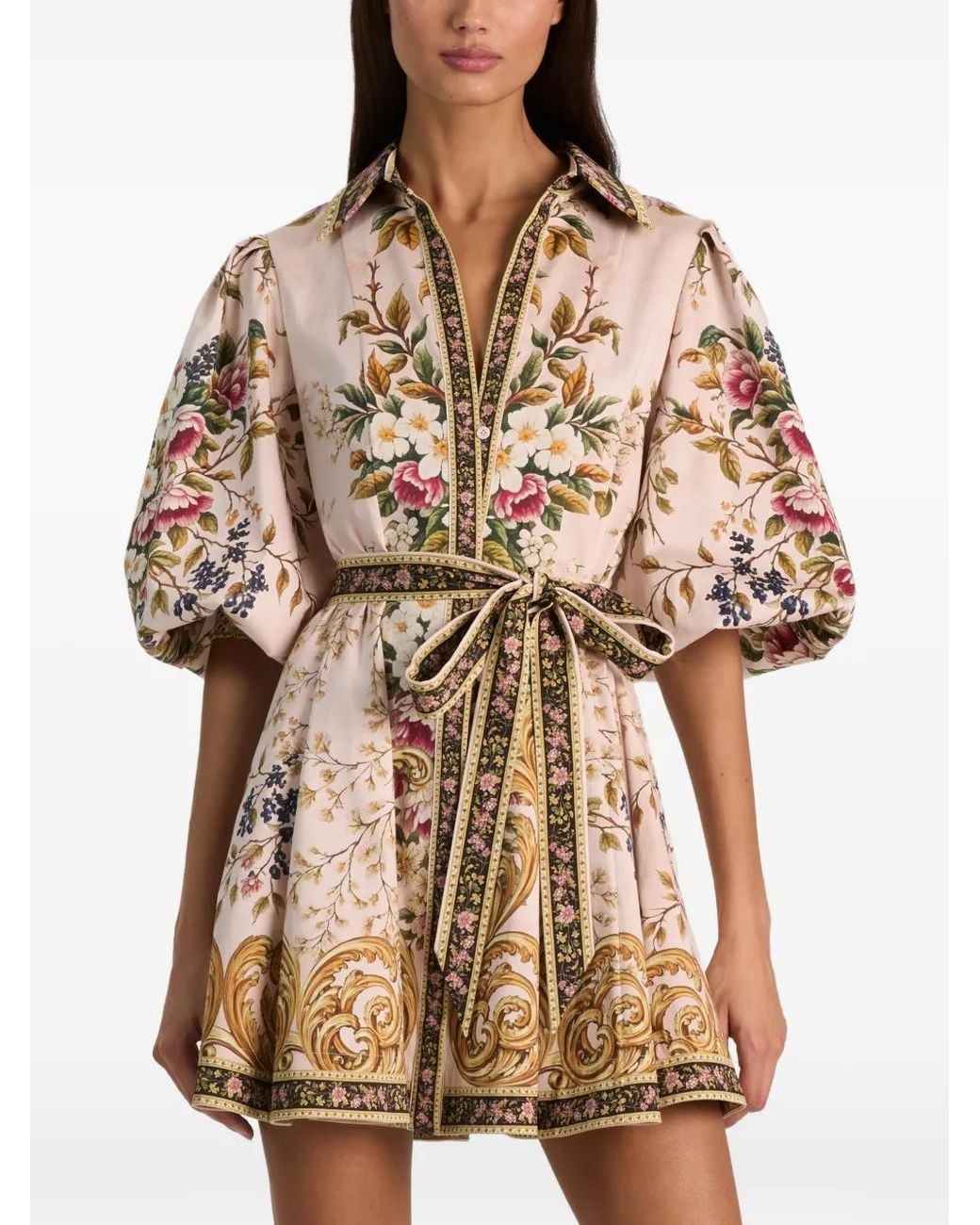 Alice + Olivia Natural Lucy Floral-Print Tie-Waist Mini Dress