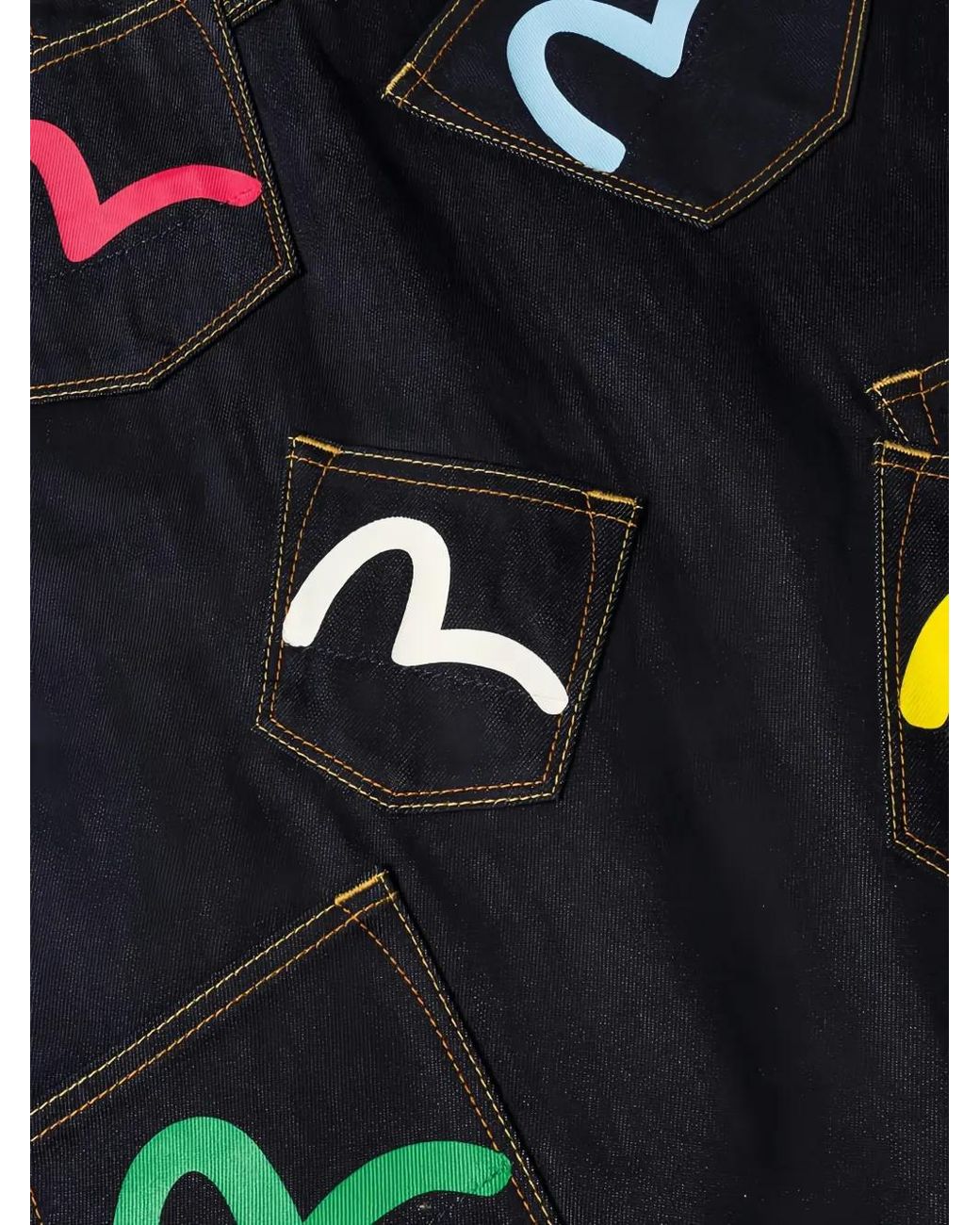 Evisu Black Seagull-Print Multi-Pocket Denim Jacket for men