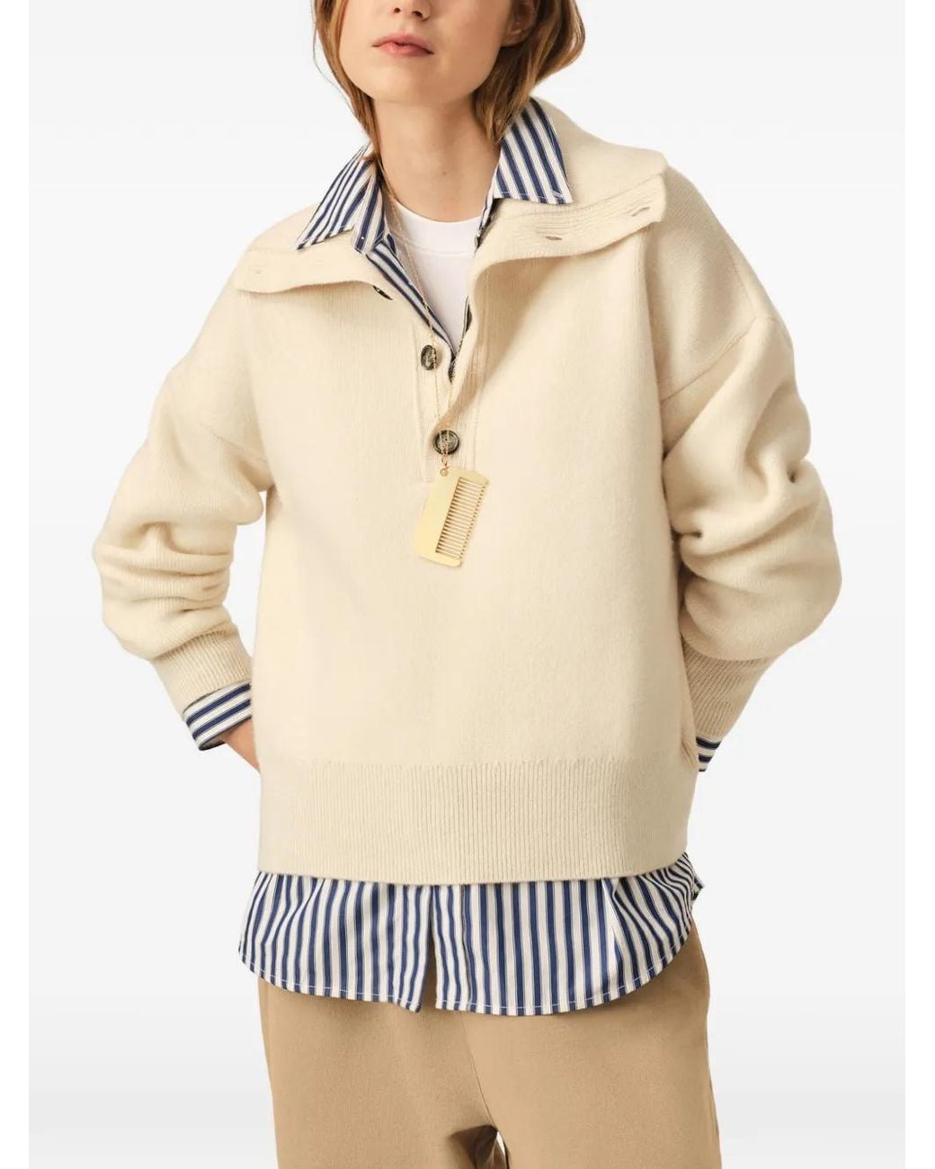 AMI Natural High Buttoned Collar Wool Sweater
