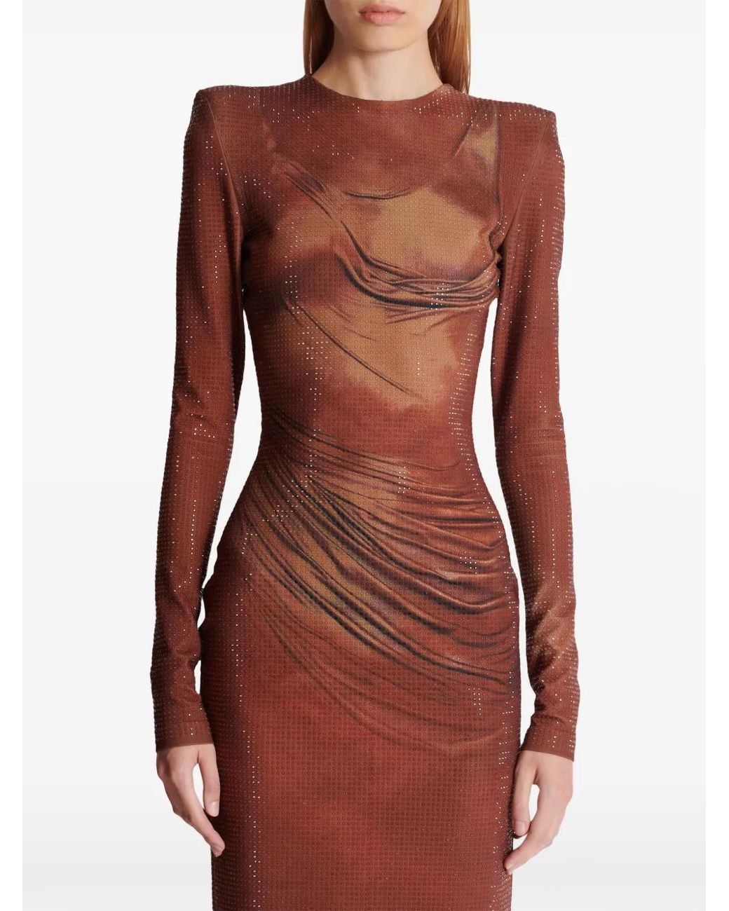 Balmain Red Rhinestone-Embellished Printed Maxi Dress