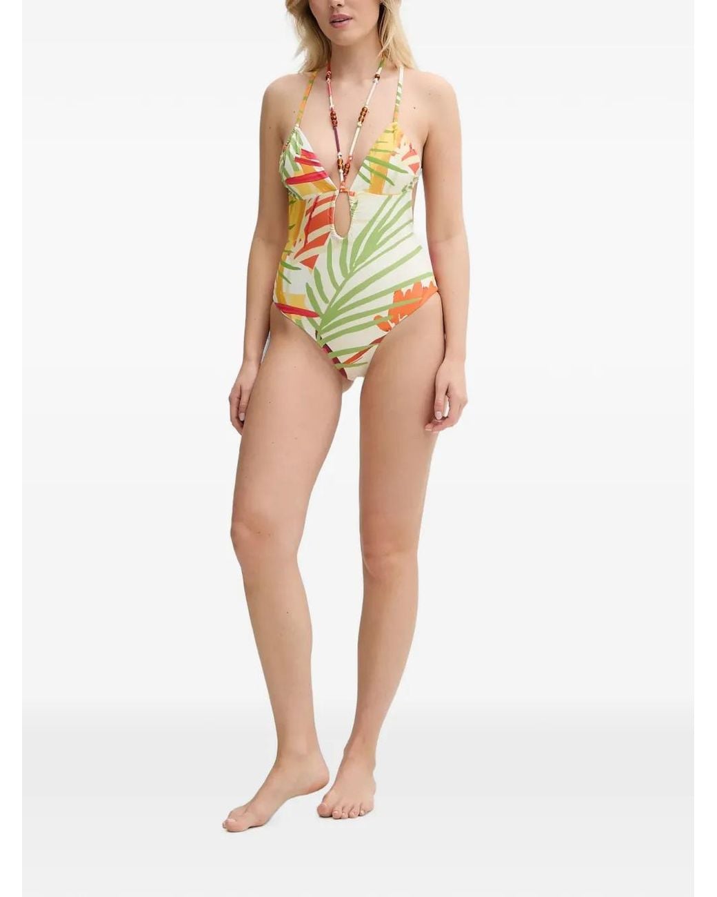 Desigual Blue Tropical-Print Bead-Embellished Swimsuit