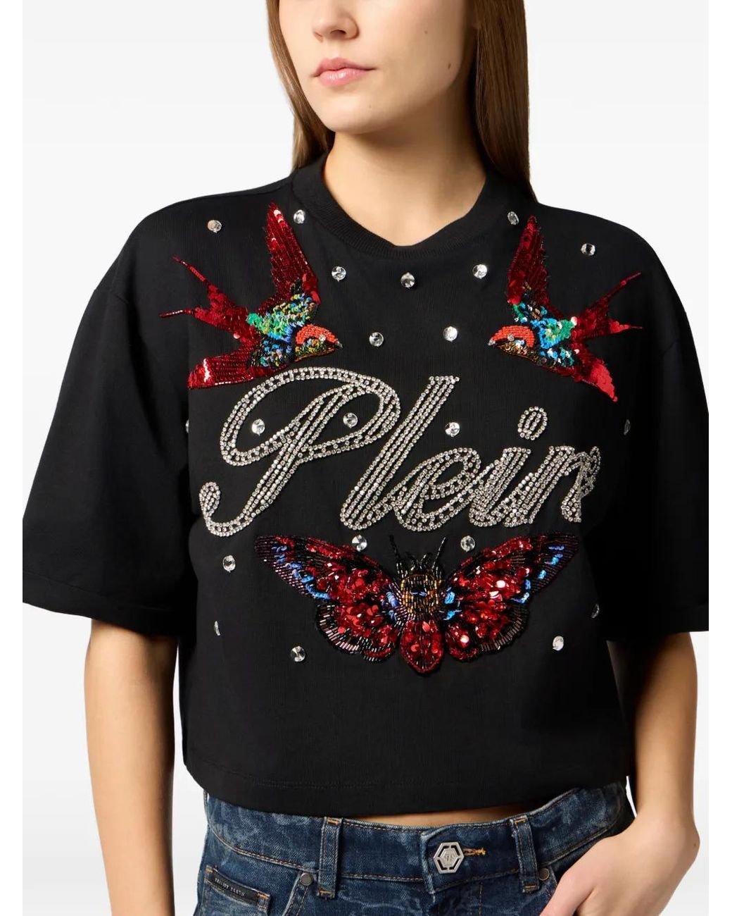 Philipp Plein Cropped T-Shirt Met Ronde Hals in het Black
