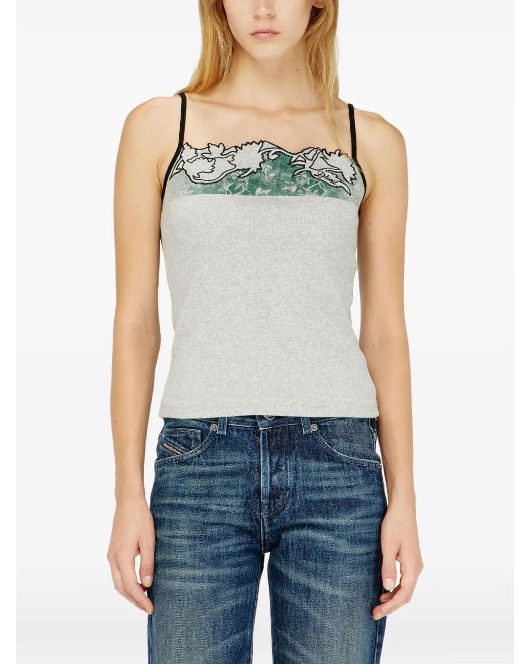 DIESEL White Ribbed Camisole With Floral Outline Embroidery