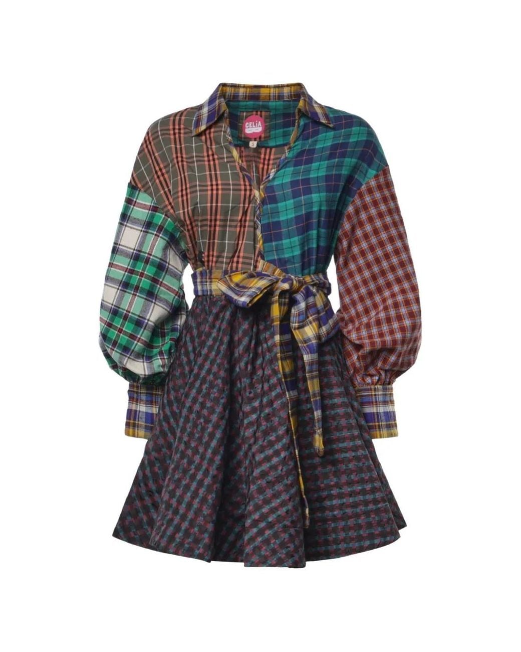 Celiab Blue Lumbre Patchwork Check Mini Dress