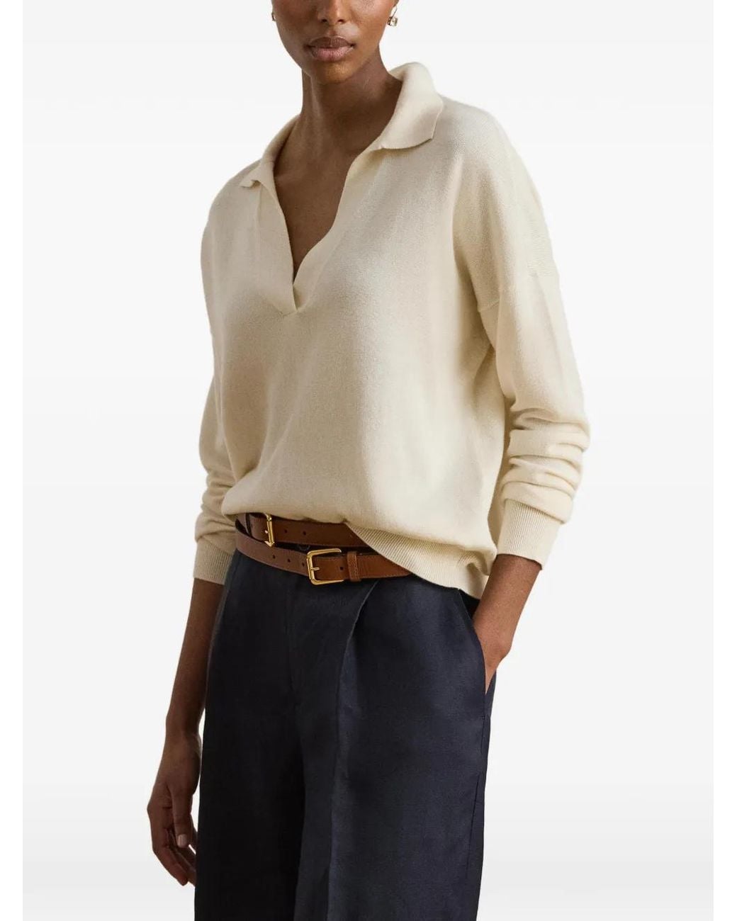 Ralph Lauren White V-Neck Collared Sweater