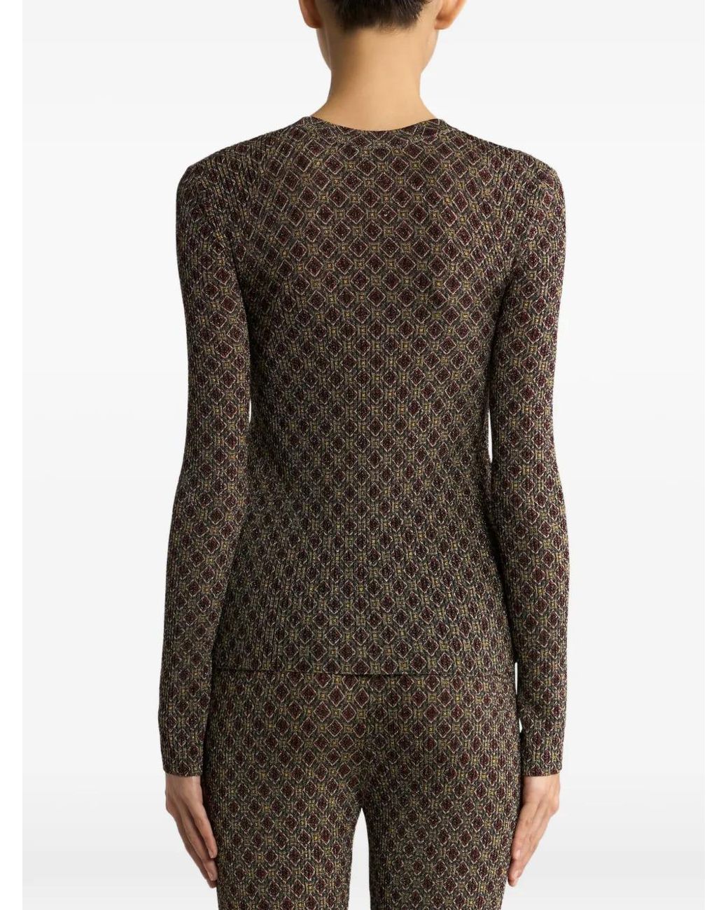 Etro Black Pull Côtelé À Col Tunisien Et Motif Micro Losanges