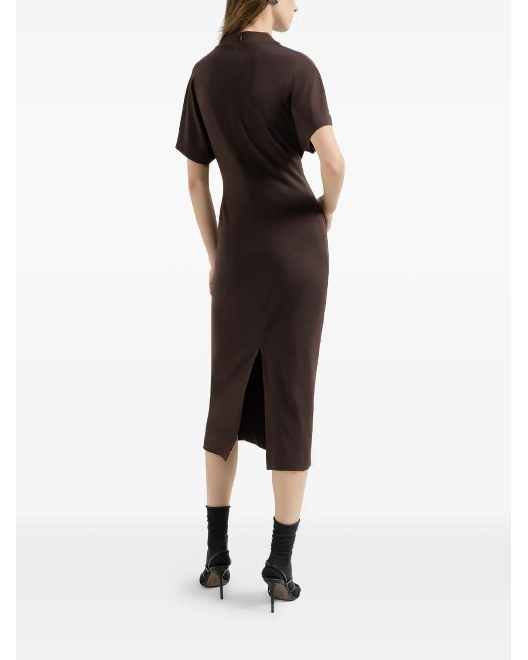 Brunello Cucinelli Brown Techno Wool Jersey Wrap Belt Dress With Monili