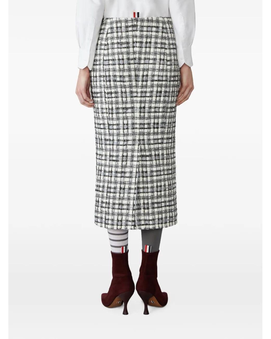 Thom Browne White Sheer Organza Ribbon Tweed Pencil Skirt With Fray Edge