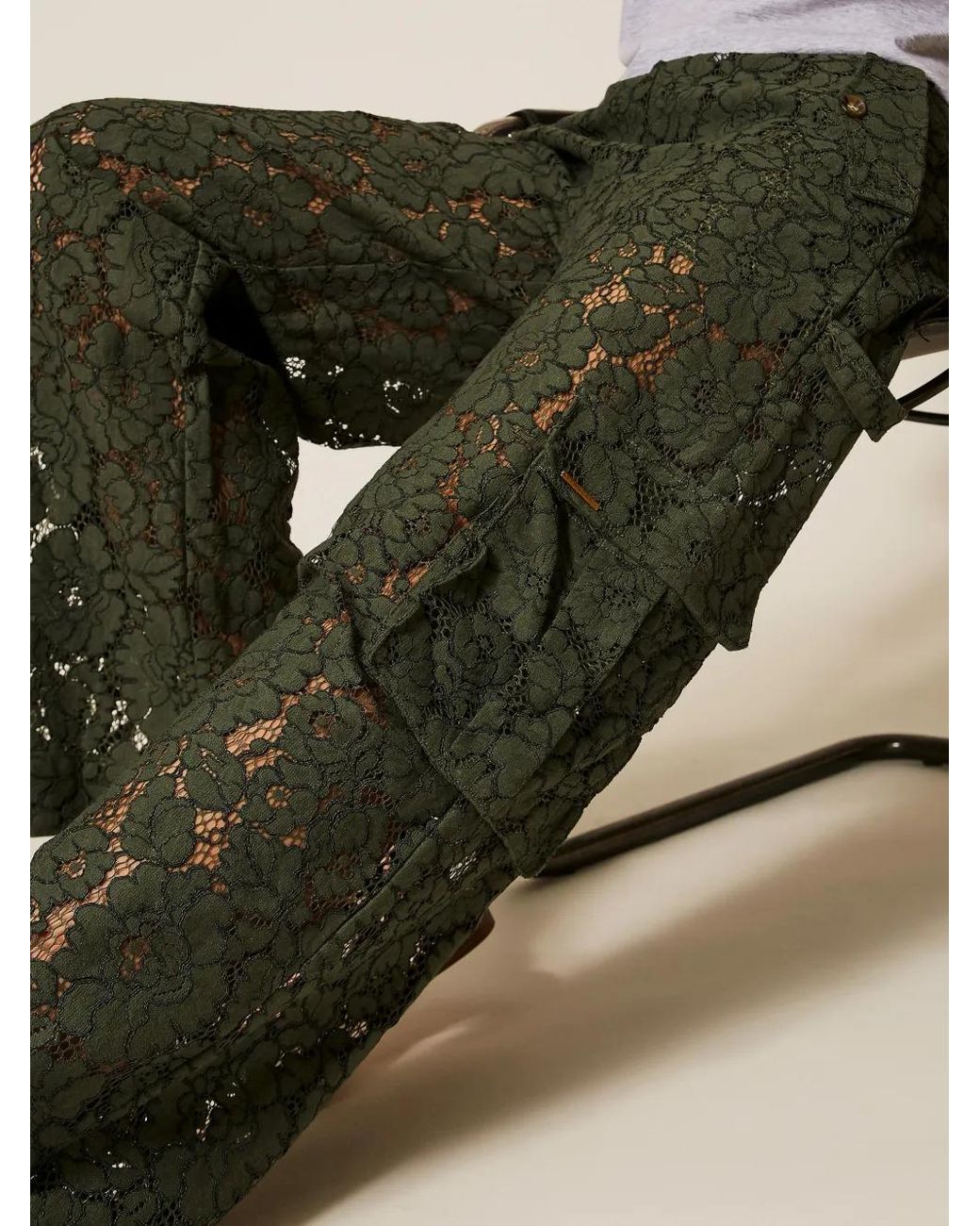 Twinset Green Rébrodé Lace Cargo Trousers