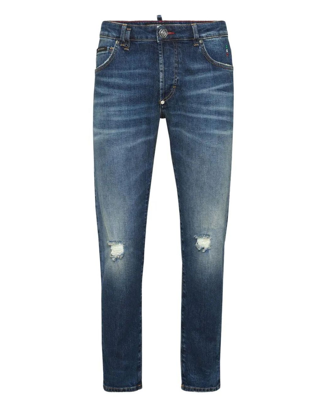 Philipp Plein Blue Distressed Logo-Plaque Jeans for men