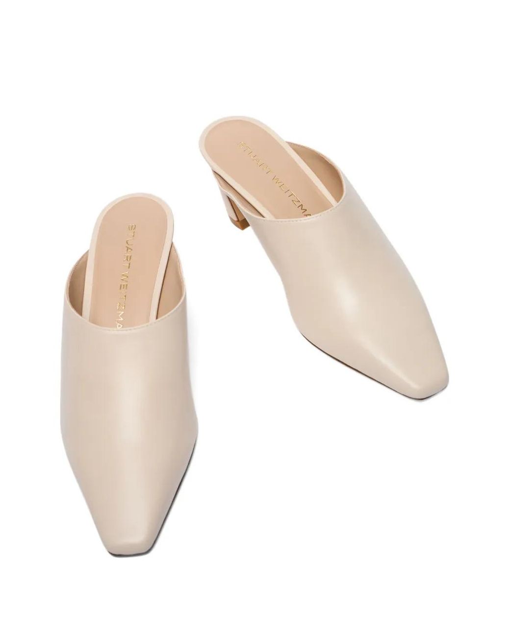 Stuart Weitzman White Stasso Square-Toe Mules