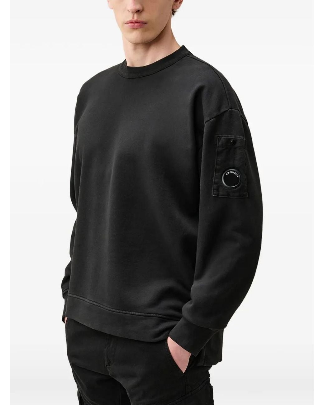 C P Company Black Brushed And Emerized Diagonal Fleece Mixed Boxy Lens Crewneck Sweatshirt for men