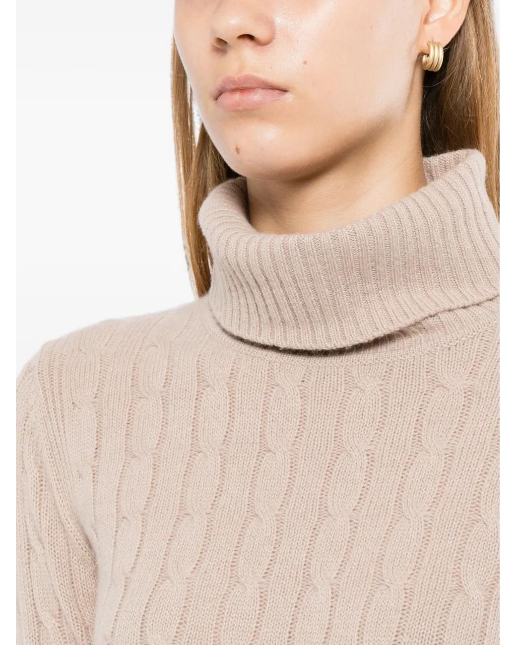 N.Peal Cashmere Natural Adelyn Cable Roll Neck Knitted Top