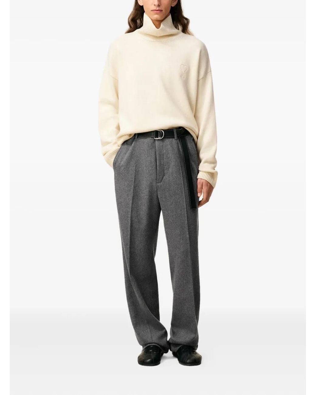 AMI Gray Pressed-Crease Virgin-Wool Trousers for men