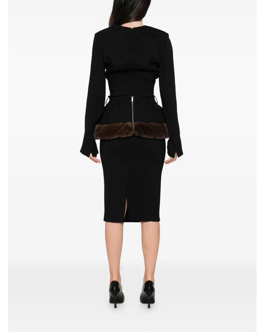 Stella McCartney Black Faux-Fur Peplum Midi Dress