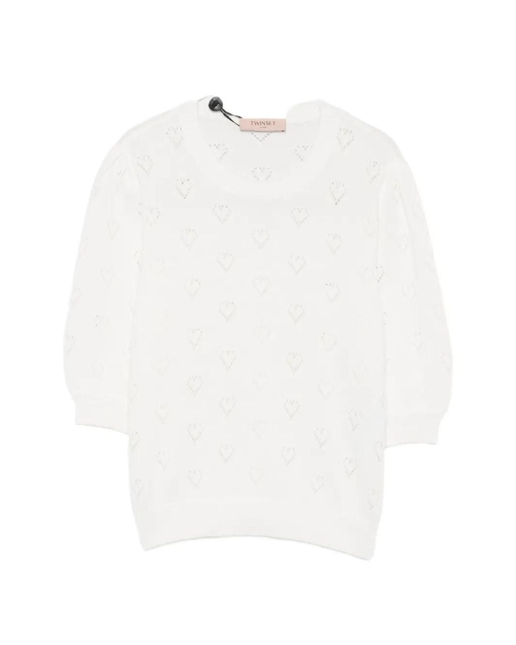 Twinset White Heart-Pointelle Short-Sleeve Sweater