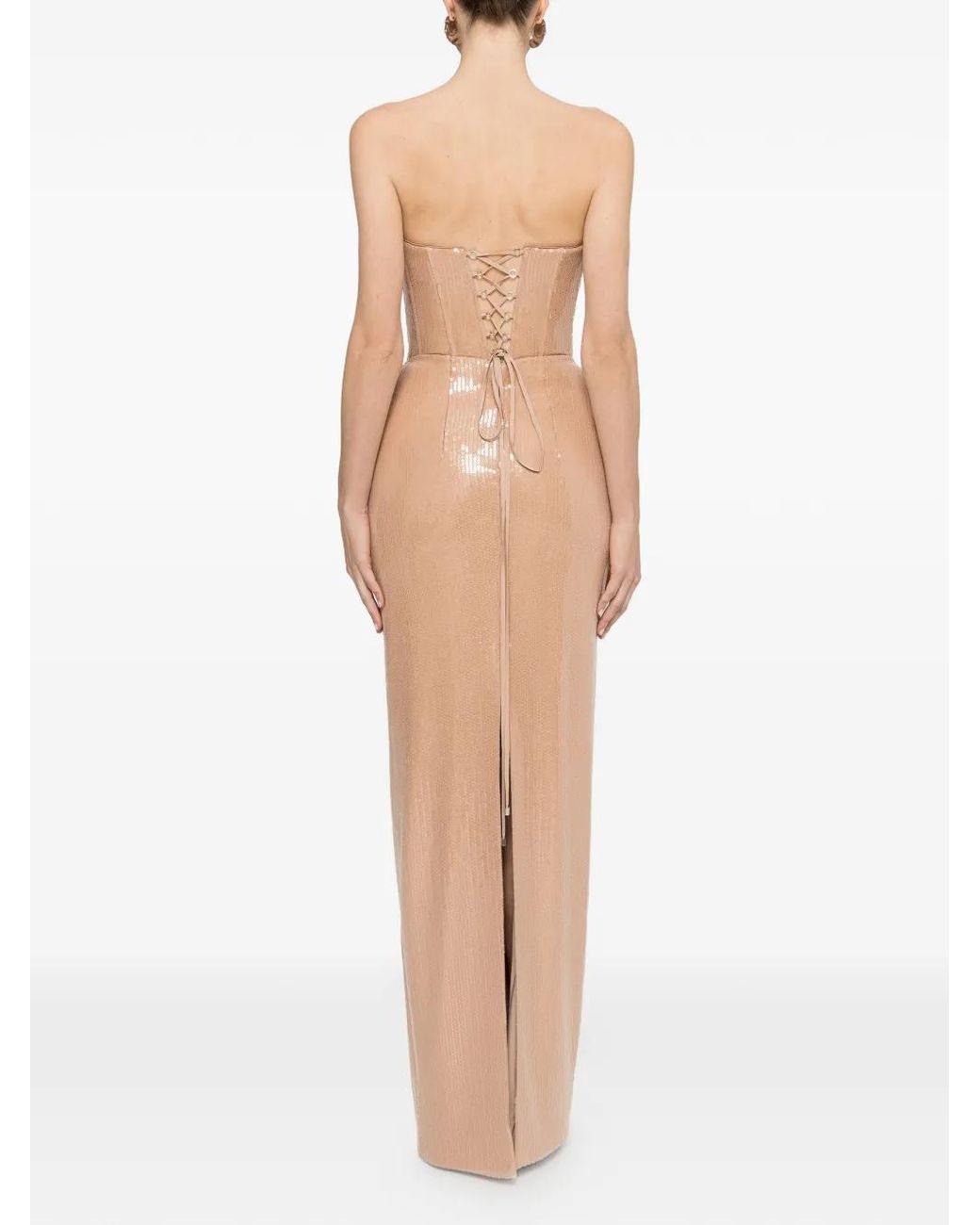 Nissa Natural Exaggerated-Hip Sequin Maxi Dress
