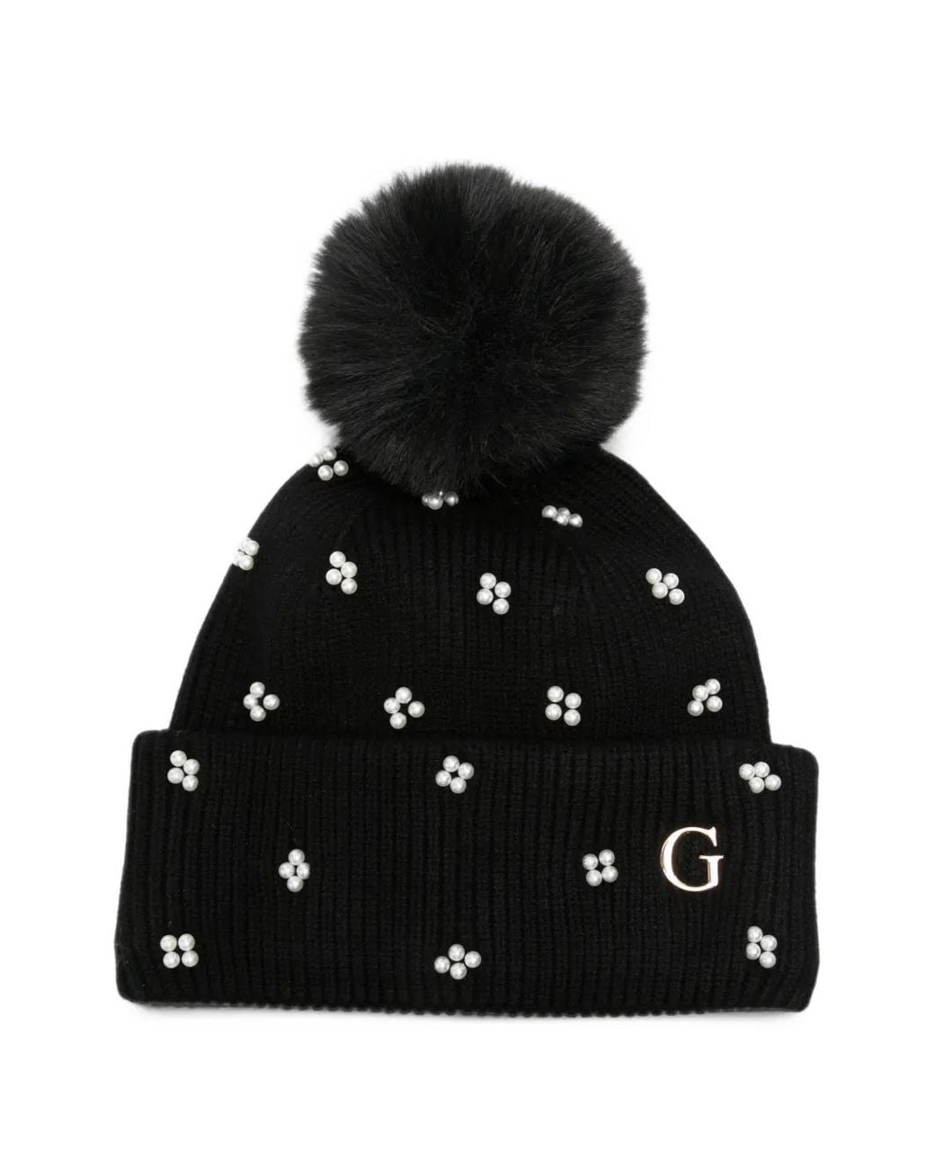 Guess Black Faux-Pearl Pom-Pom Beanie Hat