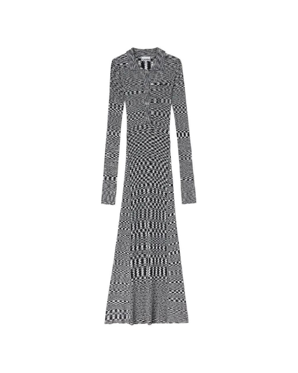 Ganni Gray Robe Longue En Maille Nervurée