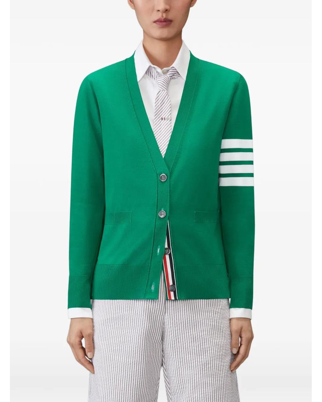 Thom Browne Green Merino Wool 4-Bar Relaxed Fit V-Neck Cardigan