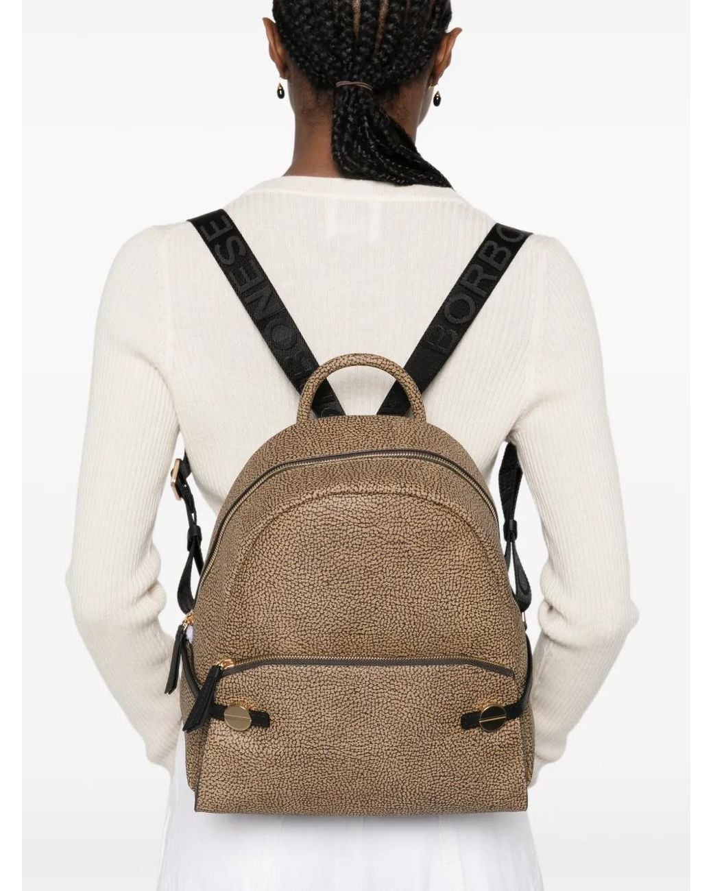 Borbonese Natural Medium Round-Handle Pattern Backpack