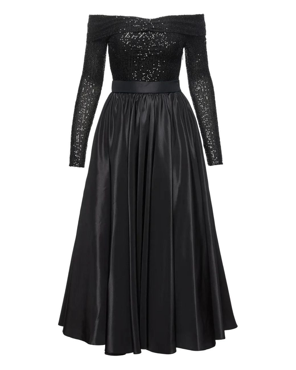 Nissa Black Sequin-Panel Taffeta Midi Dress
