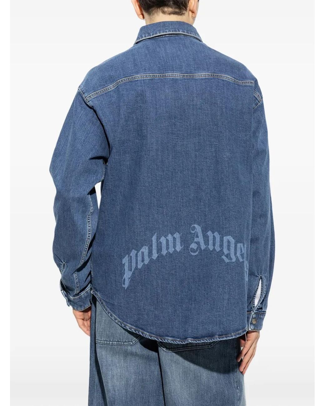 Palm Angels Blue Logo-Print Denim Shirt Jacket for men