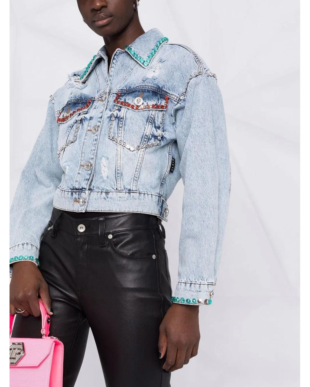 Philipp Plein Blue Crystal-Embellished Distressed Denim Jacket