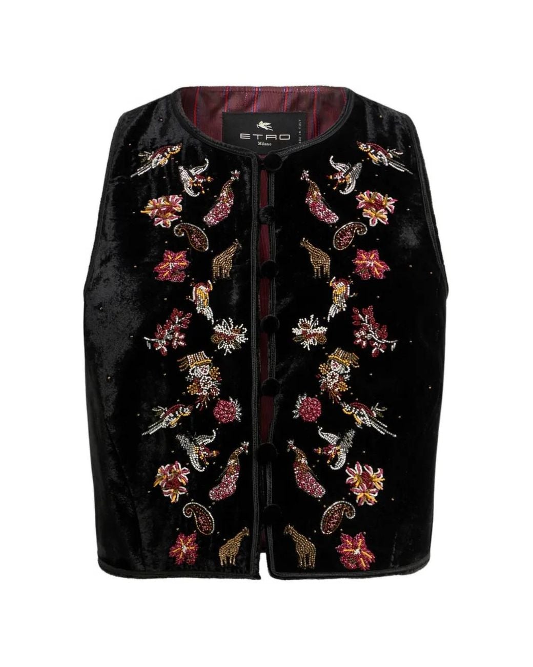 Etro Black Cropped Velvet Waistcoat With Embroidery And Beads