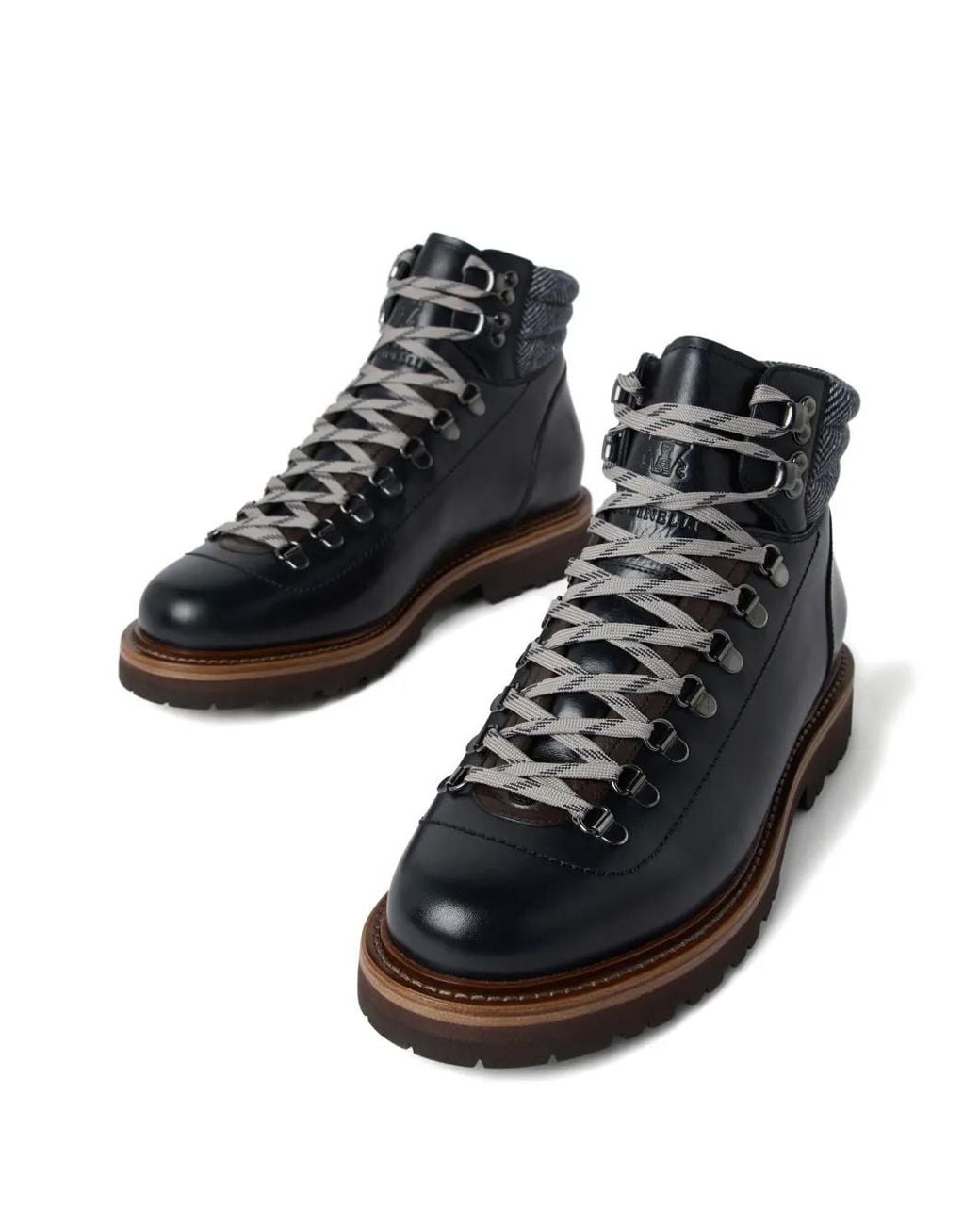 Brunello Cucinelli Black Leather Wool-Cashmere-Trim Mountain Boots for men