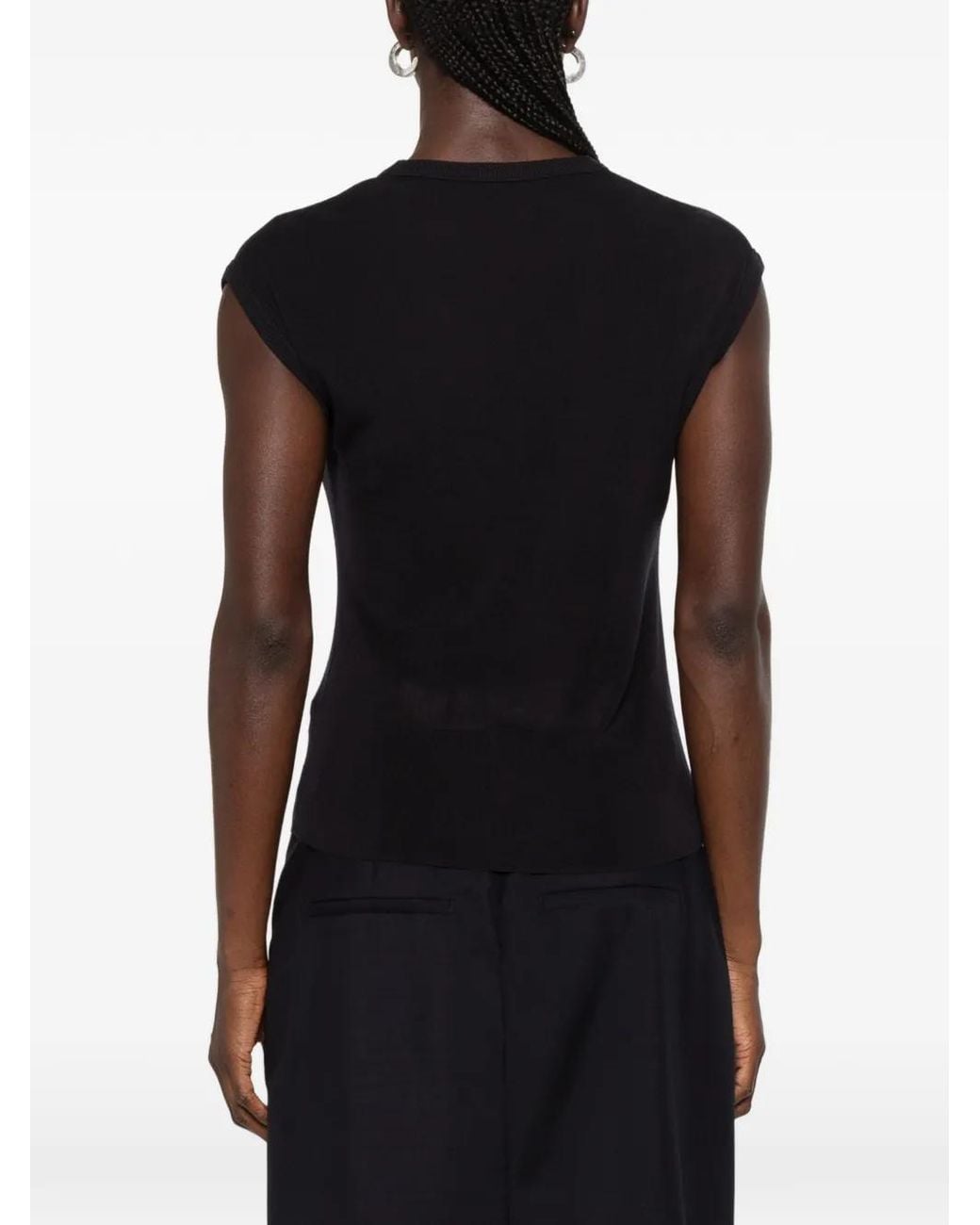 IVORY PARIS Black Mia Ribbed-Knit Cap-Sleeves T-Shirt
