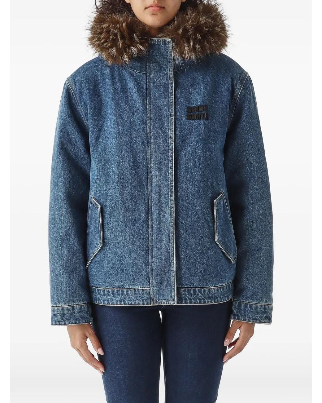 Mc2 Saint Barth Blue Faux-Fur Trim Hooded Denim Jacket
