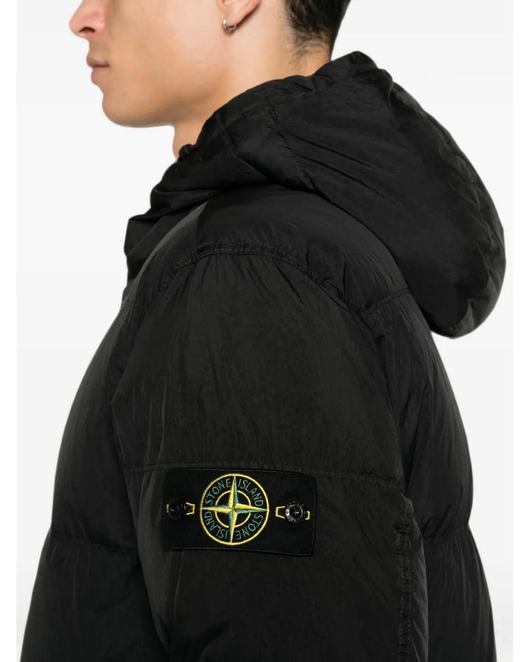Stone Island Black Crinkle Reps Ny Hooded Down Jacket With Logo Badge On The Left Sleeve for men