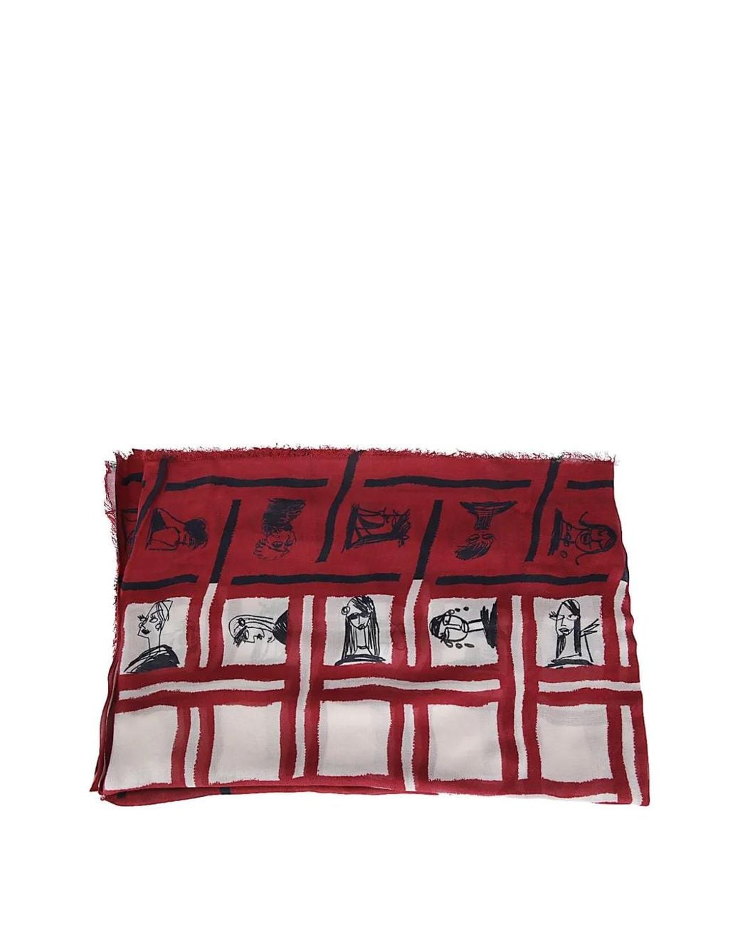 Faliero Sarti Red Graphic-Print Frayed Scarf