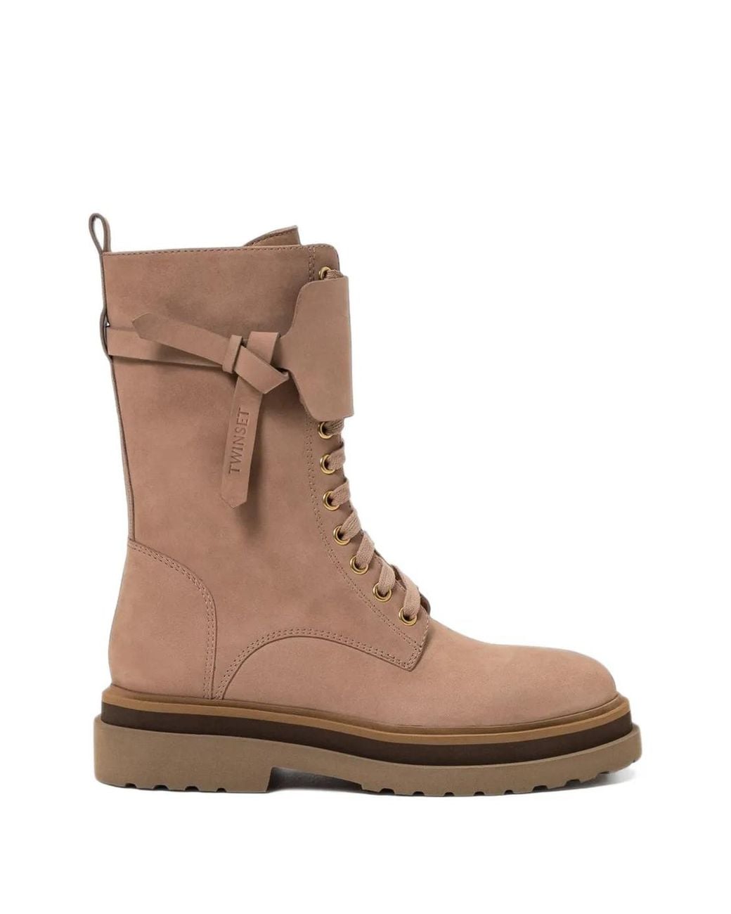 Twinset Brown Leather Combat Boots With Insert