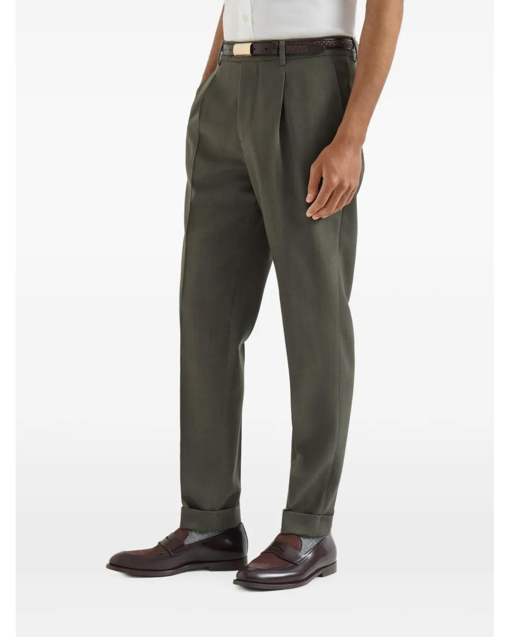 Brunello Cucinelli Green Virgin Wool Canvas Trousers With Pleat for men