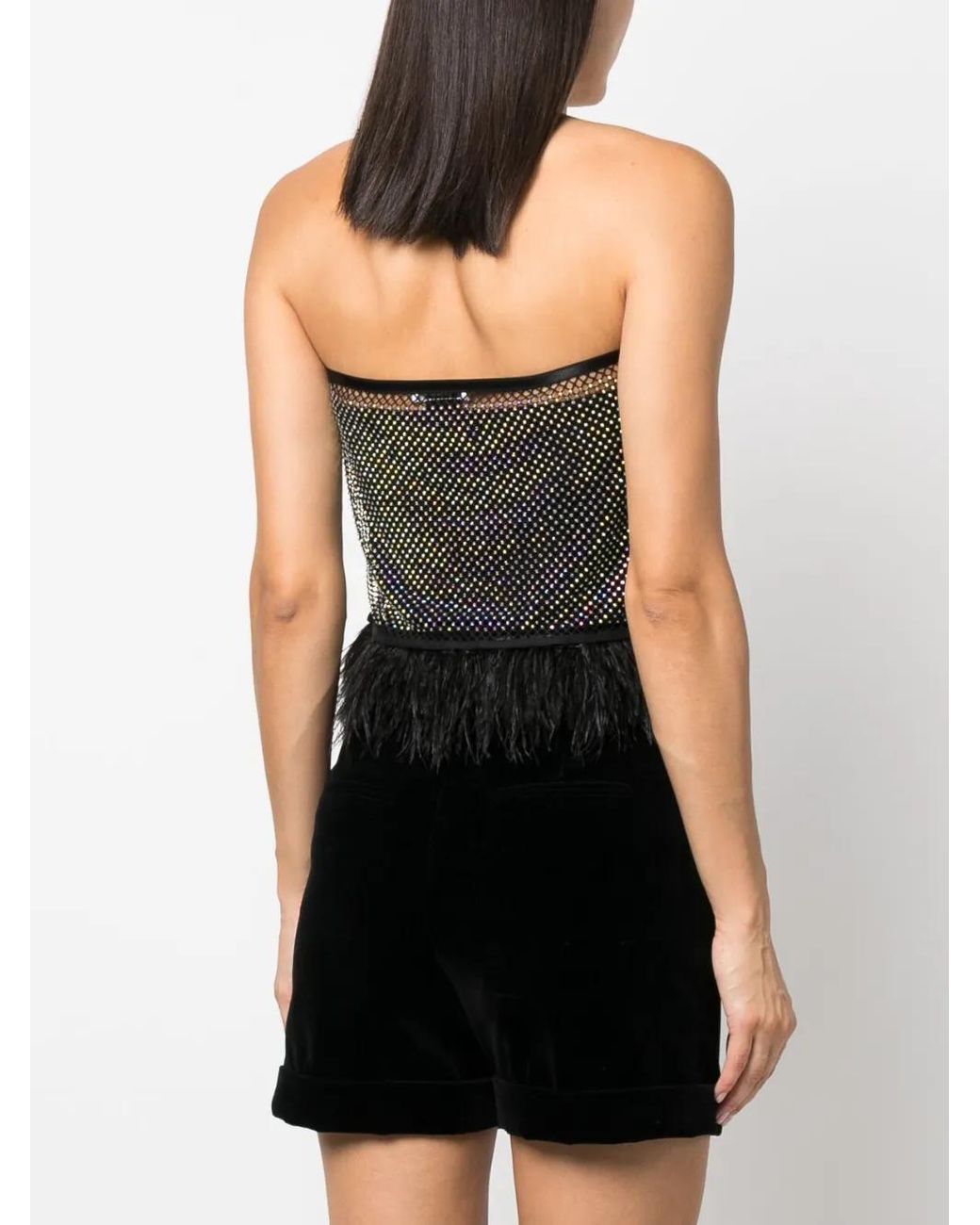 Patrizia Pepe Black Feather-Trim Rhinestone Mesh Top