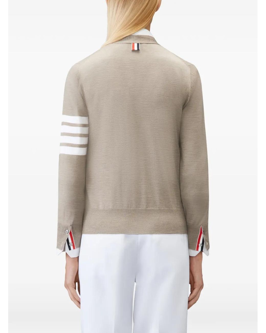 Thom Browne Natural Merino Wool 4-Bar Relaxed Fit V-Neck Cardigan