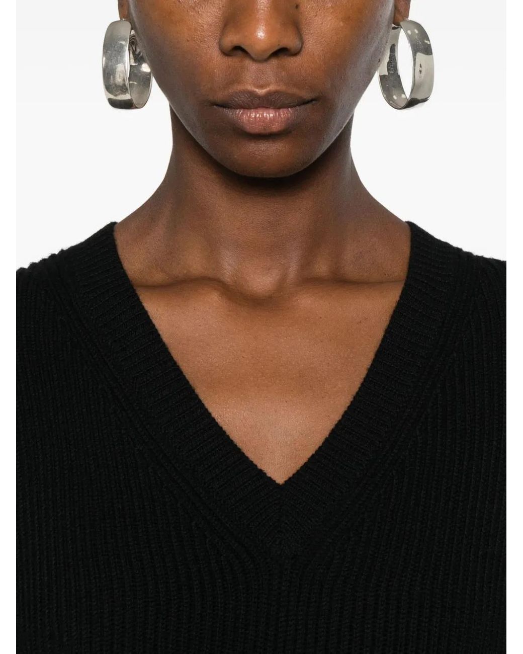 6397 Black Ribbed V-Neck Jumper