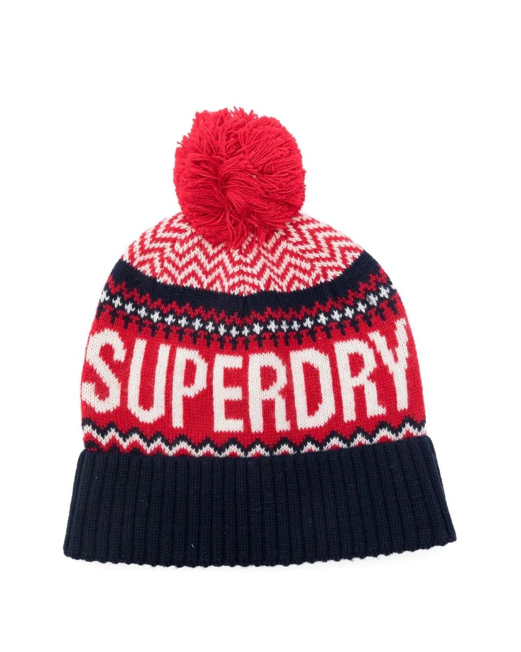 Superdry Red Pompom-Detail Patterned Beanie